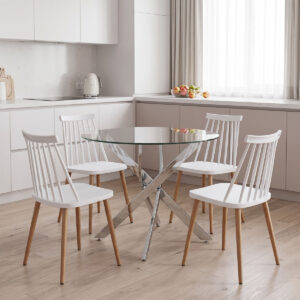 Dining Set with Aurora white Chairs and Antoro Table glass with chrome base Φ100x75cm Set 5pcs