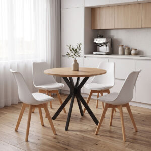 Dining Set with Gaston white Chairs and Xuson Table in natural finish Φ80x75cm Set 5pcs