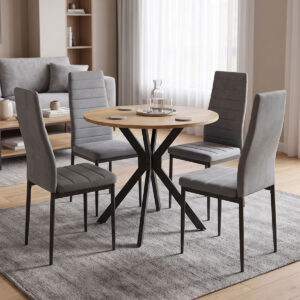 Parker dining set with grey Chairs and Xuson table in natural finish Ø80x75cm 5-piece Set