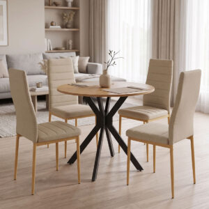 Parker dining set with beige Chairs and Xuson table in natural finish Ø80x75cm 5-piece Set