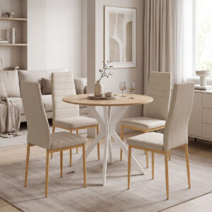 Dining set with Parker beige Chairs and Xuson white table Ø80x75cm 5piece Set