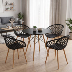 Dining Set with Ezra Armchairs black and Julita Table Black Ø80x73cm Set of 5Pieces