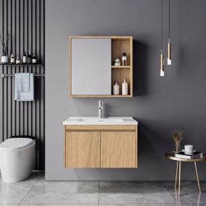 Sinkea Mentis Argos The Classic vanity with washbasin faucet and mirror in oak color and chrome