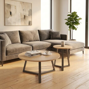 Coffee table Berton Argos The Classic in natural color and black metal D80x40cm