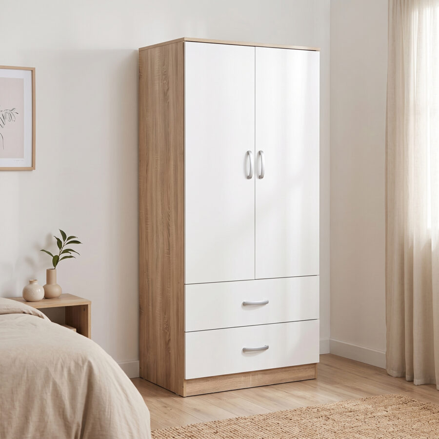 Double-leaf wardrobe with 2 drawers Alvia white with sonoma 80x51.5x180cm