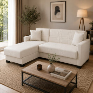 Corner sofa bed reversible with storage space Stashio Argos The Classic cream fabric 202x143x84cm