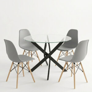 200 001907 1 Dining room with Julita chairs grey and Antoro table glass with black metal Φ80x75cm set 5pcs