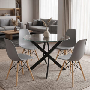 Dining room with Julita chairs grey and Antoro table glass with black metal Φ80x75cm set 5pcs