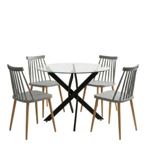 200 001909 1 Dining room with Aurora chairs grey and Antoro table glass with black metal Φ80x75cm set 5pcs