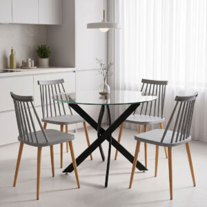 Dining room with Aurora chairs grey and Antoro table glass with black metal Φ80x75cm set 5pcs