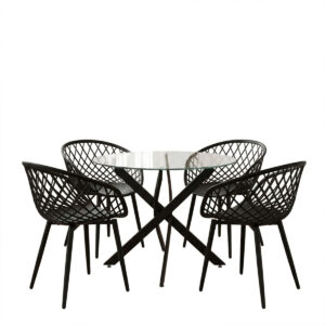 200 001910 1 Dining room with Ezra Armchairs black and Antoro table glass with black metal Φ80x75cm Set 5pcs