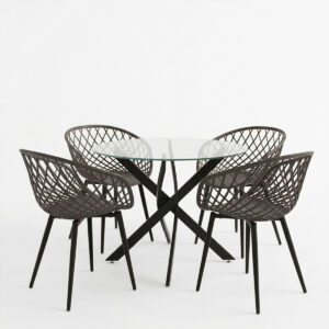 200 001911 1 Dining room with Ezra Armchairs anthracite and Antoro table glass with black metal Φ80x75cm Set 5pcs
