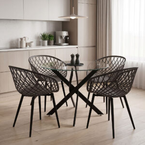 Dining room with Ezra Armchairs anthracite and Antoro table glass with black metal Φ80x75cm Set 5pcs