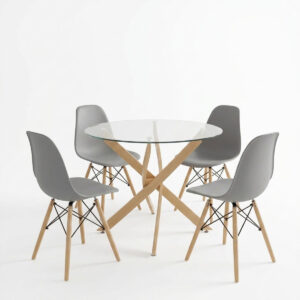200 001916 1 Julita dining set with grey Chairs and Antoro glass table with metal frame in natural finish Ø80x75cm 5-piece Set