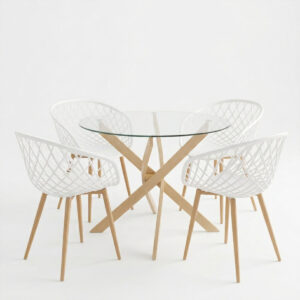 200 001919 1 Ezra dining set with white Armchairs and Antoro glass table with metal frame in natural finish Ø80x75cm 5-piece Set