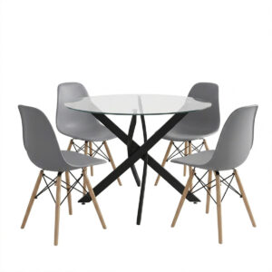 200 001931 1 Dining Set with Julita Chairs grey and Antoro Table glass with black metal Φ100x75cm Set 5pcs