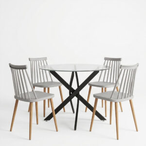 200 001933 1 Dining Set with Aurora grey Chairs and Antoro Table glass with black metal Φ100x75cm Set 5pcs