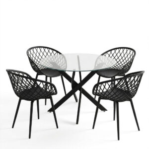 200 001934 1 Dining Set with Ezra black Armchairs and Antoro Table glass with black metal Φ100x75cm Set 5pcs