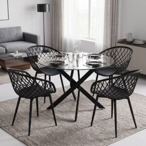 Dining Set with Ezra black Armchairs and Antoro Table glass with black metal Φ100x75cm Set 5pcs