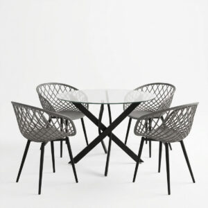200 001935 1 Dining Set with Ezra anthracite Armchairs and Antoro Table glass with black metal Φ100x75cm Set 5pcs