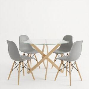 200 001940 1 Dining Set with Julita grey Chairs and Antoro Table glass with metal in natural finish Φ100x75cm Set 5pcs
