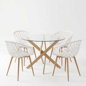 200 001943 1 Dining Set with Ezra white Armchairs and Antoro Table glass with metal in natural finish Φ100x75cm Set 5pcs