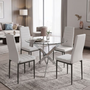 Dining Set with Parker white Chairs and Antoro Table glass with chrome base Φ100x75cm Set 5pcs