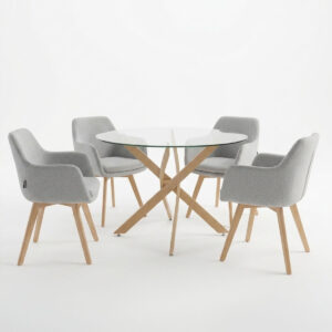 200 001532 1 Dining Room with Safira Gray Armchairs and Antoro Glass Table D100x75cm Set of 5pcs