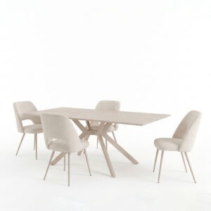 200 002100 1 Dining set with Nelda cream chairs and Olven table in travertine look 44x58x82cm Set of 5pcs