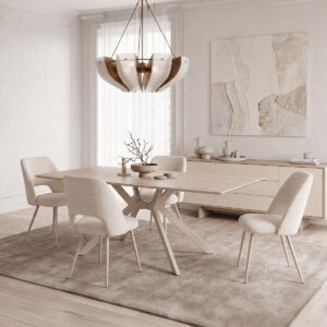 Dining set with Nelda cream chairs and Olven table in travertine look 44x58x82cm Set of 5pcs