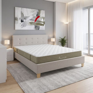 Bed with mattress Mago-Nemesis Argos The Classic, upholstered in ecru fabric with natural-finish wooden legs, 160x200cm
