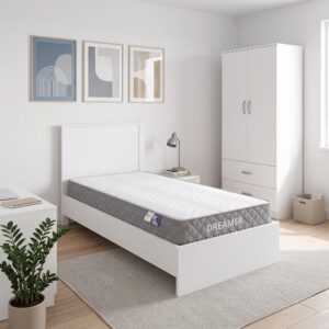 Athos White Bedroom Set with 2 Door Wardrobe and Dreamer Mattress 90x190cm 3 Piece Set