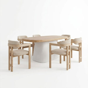 200 002102 1 Dining set with Winsor beige Armchairs and Fessen Table white in natural shade 180x90x78cm Set 7pcs