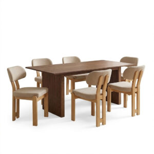 Dining table set beige chair Genoa with table Eleganza Argos The Classic set of 7 pieces with MDF and rubberwood in walnut color 180x99x75.8cm