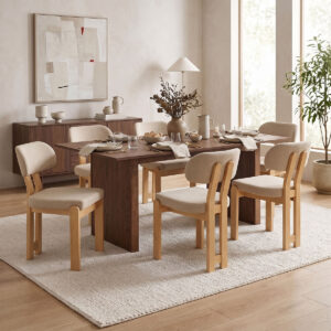 Dining table set beige chair Genoa with table Eleganza Argos The Classic set of 7 pieces with MDF and rubberwood in walnut color 180x99x75.8cm