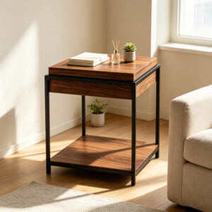 Side table Odar Argos The Classic with storage space walnut MDF with black metal 51x51x60cm