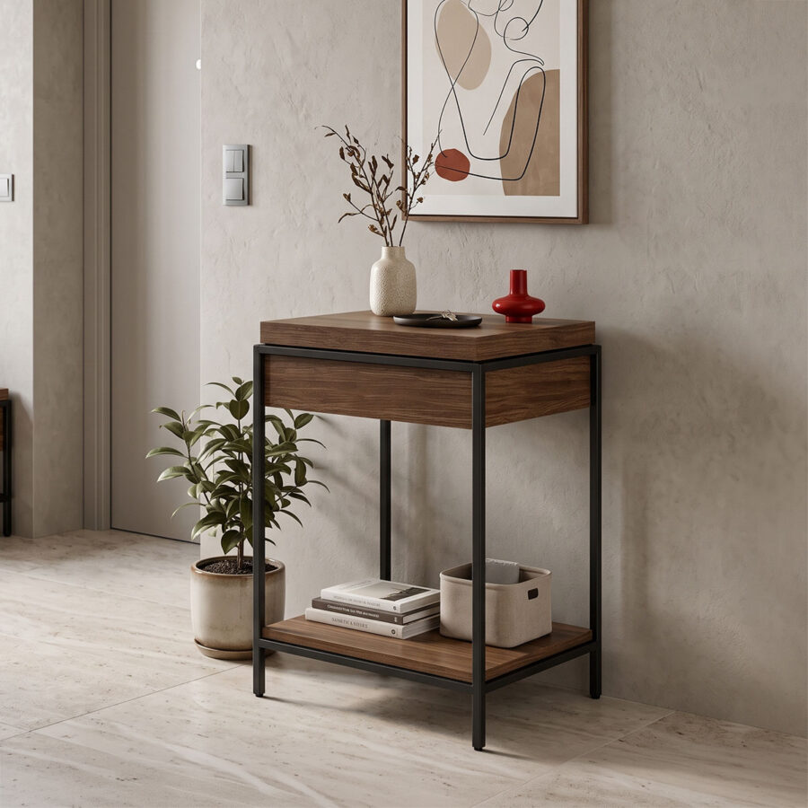 Console table Odar with storage space walnut MDF with black metal 63x63x80cm