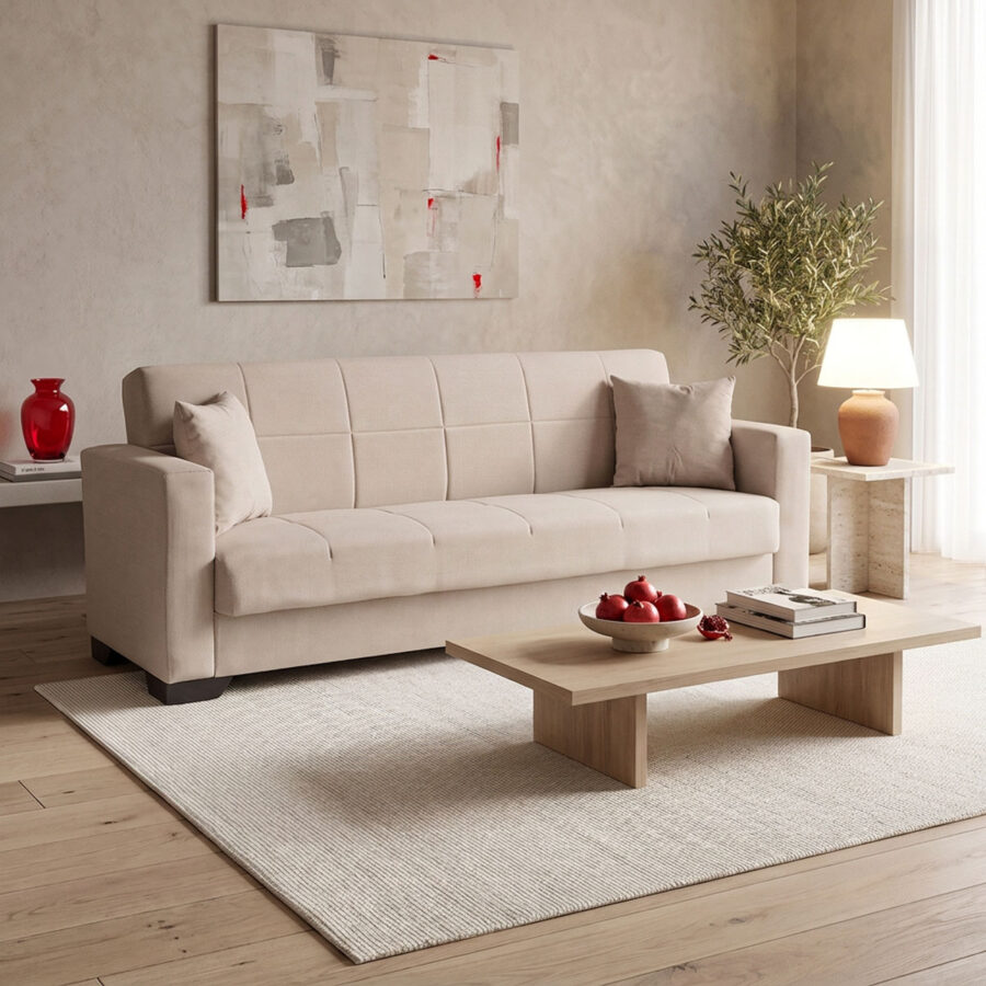 Vox Sofa bed three seater with storage space beige fabric 210x84x83cm
